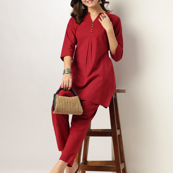 Janasya Dark Cotton Solid A-Line Top & Bottom Set