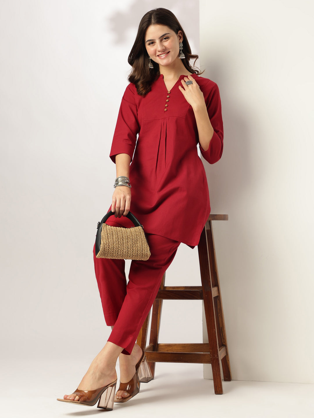Janasya Dark Cotton Solid A-Line Top & Bottom Set - Distacart