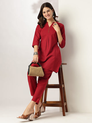 Janasya Dark Cotton Solid A-Line Top & Bottom Set