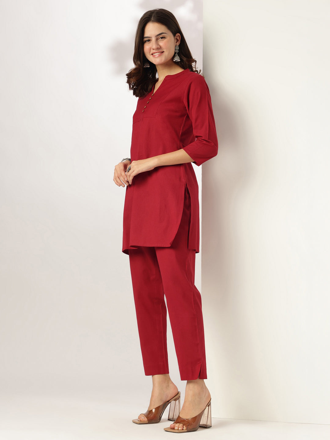 Janasya Dark Cotton Solid A-Line Top & Bottom Set