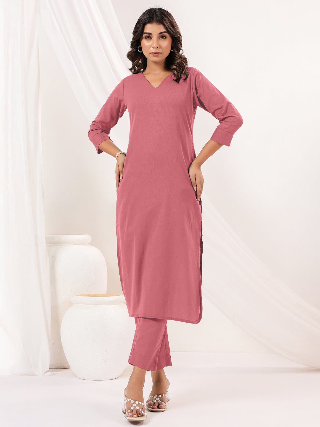 Janasya Light Cotton Solid Straight Kurta Set