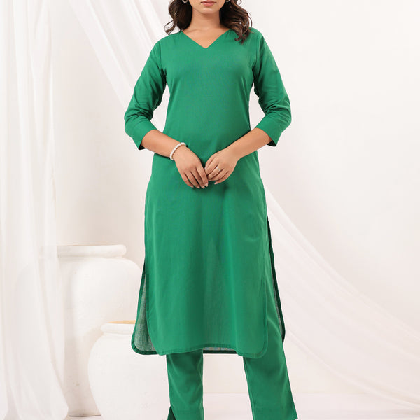 Janasya Dark Cotton Solid Straight Kurta Set