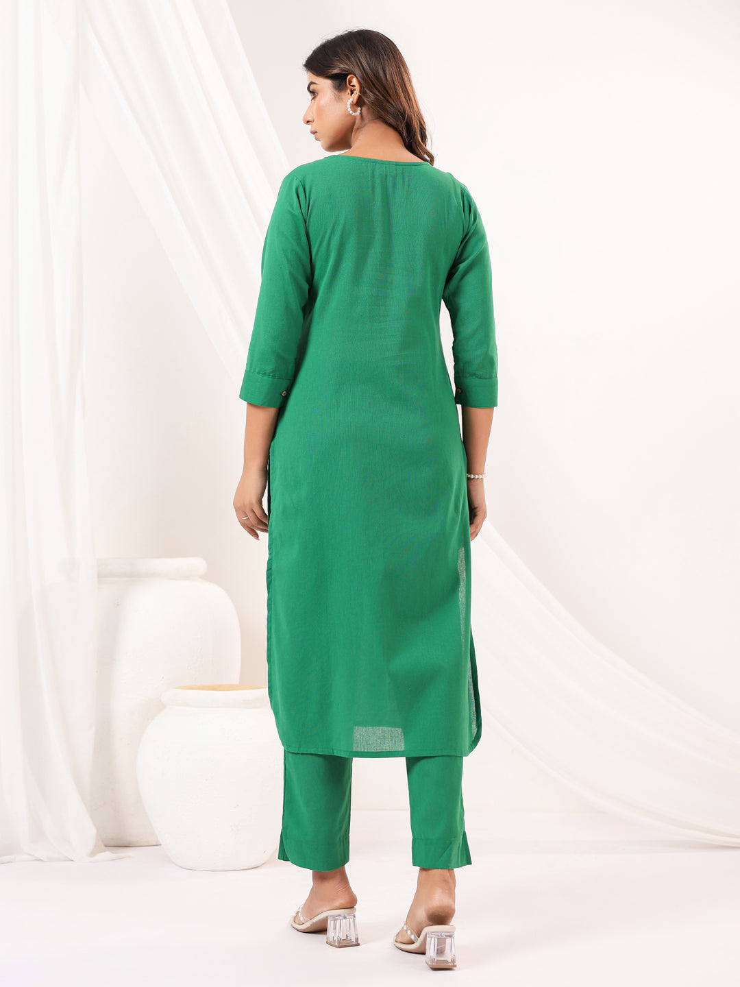 Janasya Dark Cotton Solid Straight Kurta Set - Distacart
