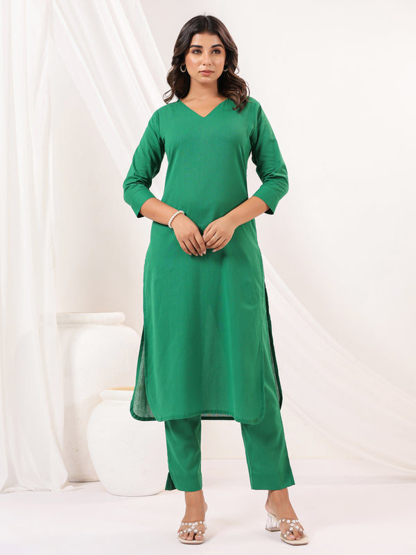 Janasya Dark Cotton Solid Straight Kurta Set