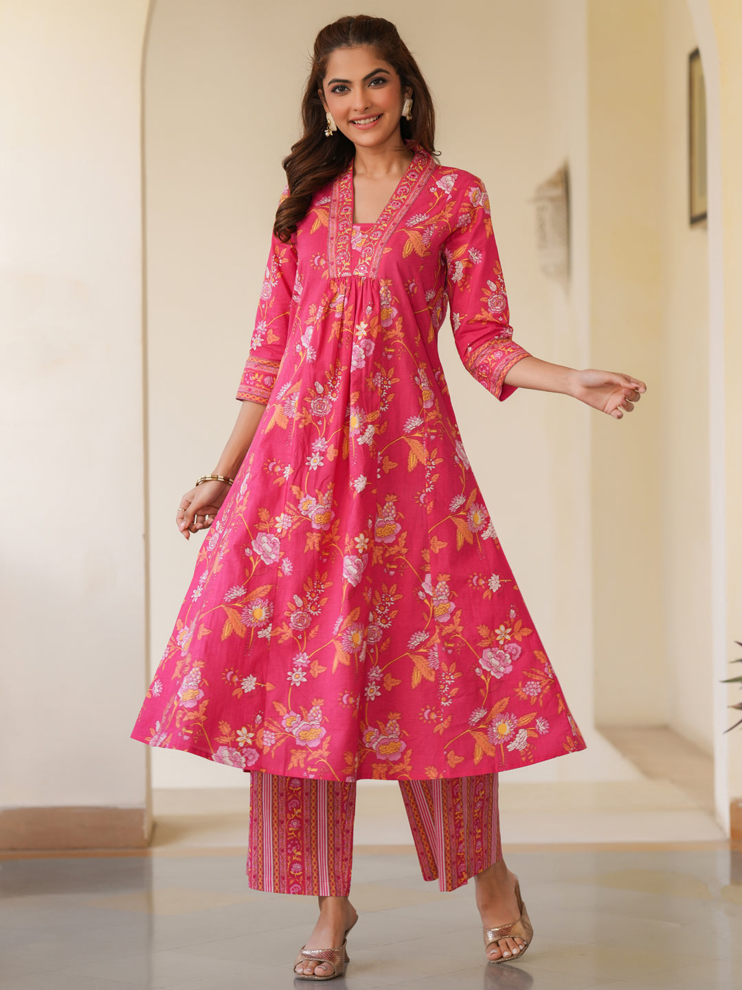 Janasya Bright Cotton Floral A-Line Kurta Set