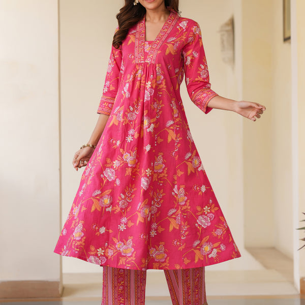 Janasya Bright Cotton Floral A-Line Kurta Set