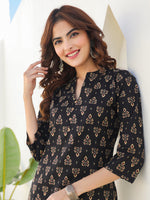 Thumbnail for Janasya Dark Cotton Floral Straight Kurta Set