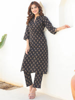 Thumbnail for Janasya Dark Cotton Floral Straight Kurta Set