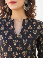Thumbnail for Janasya Dark Cotton Floral Straight Kurta Set