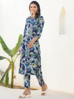 Thumbnail for Janasya Dark Cotton Floral Straight Kurta Set