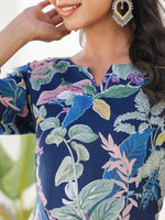 Thumbnail for Janasya Dark Cotton Floral Straight Kurta Set
