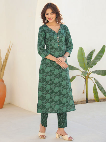 Janasya Dark Cotton Floral Straight Kurta Set - Distacart