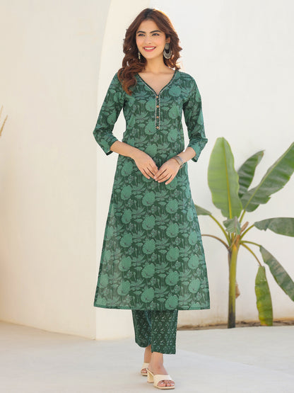 Janasya Dark Cotton Floral Straight Kurta Set - Distacart