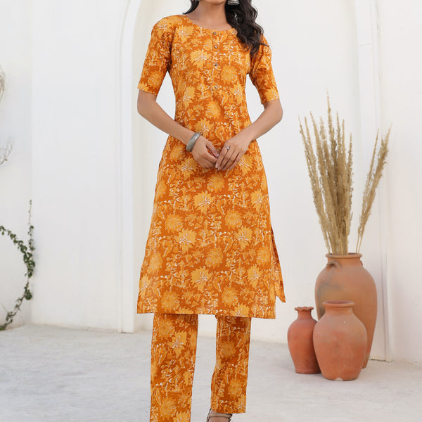 Janasya Bright Cotton Floral Straight Kurta Set