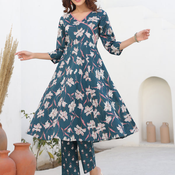 Janasya Dark Cotton Floral A-Line Kurta Set
