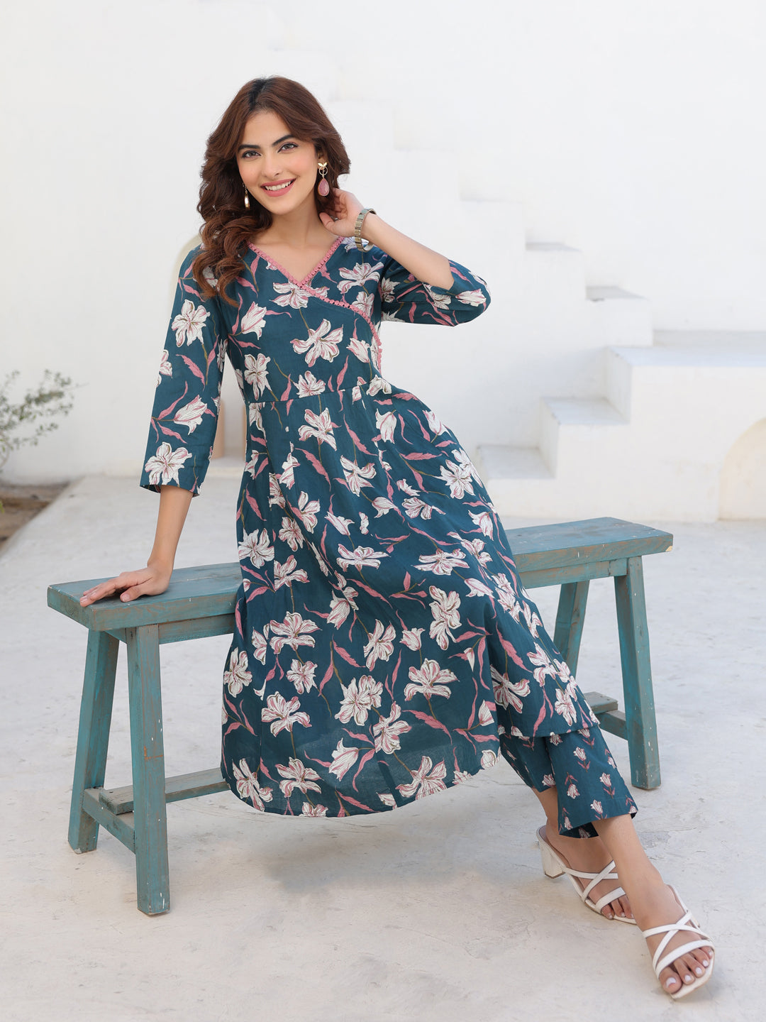 Janasya Dark Cotton Floral A-Line Kurta Set