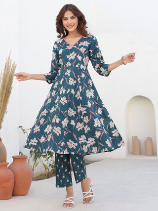 Janasya Dark Cotton Floral A-Line Kurta Set