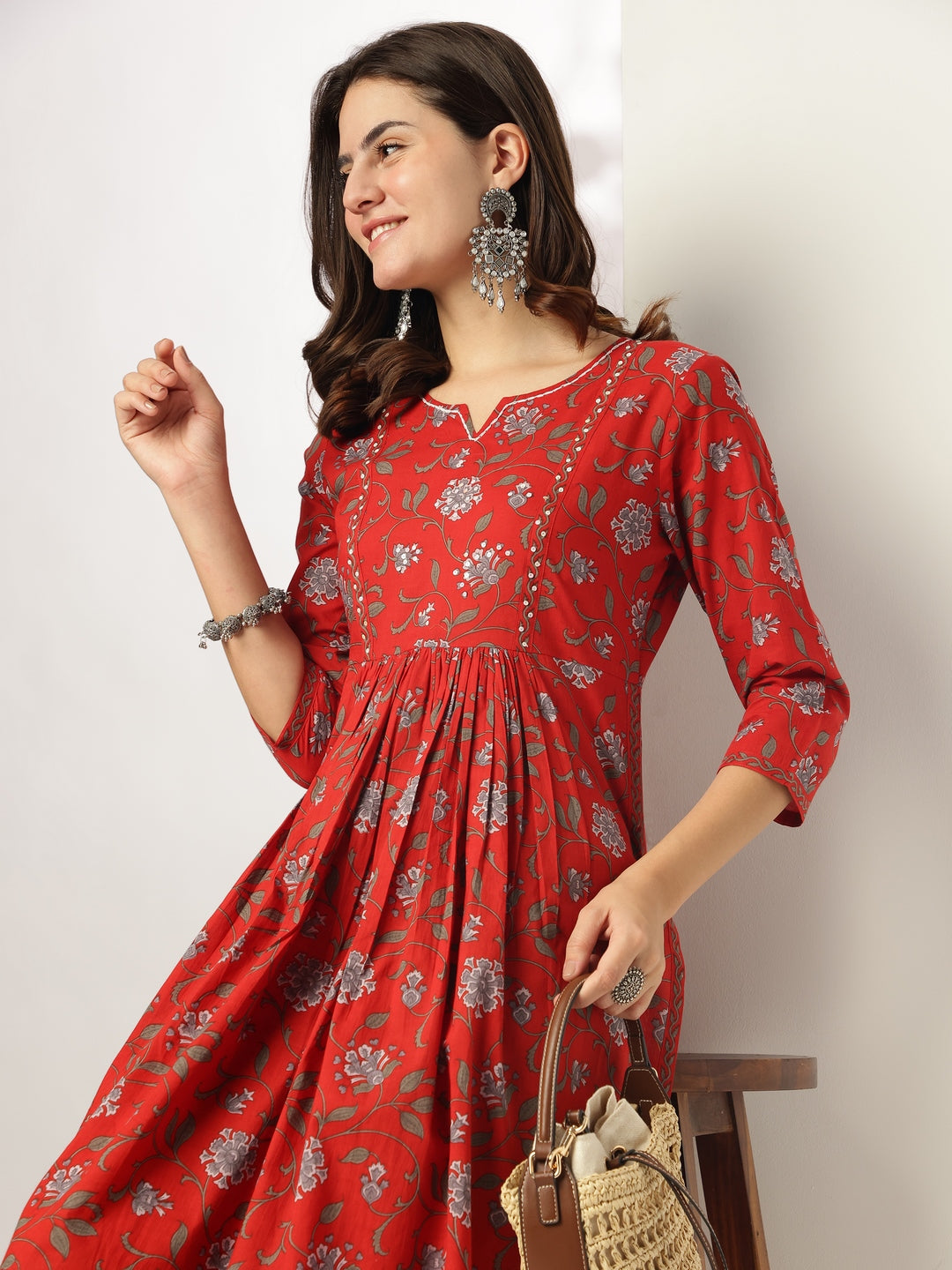 Janasya Dark Cotton Floral A-Line Kurta Set
