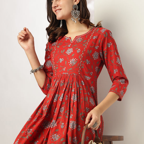 Janasya Dark Cotton Floral A-Line Kurta Set