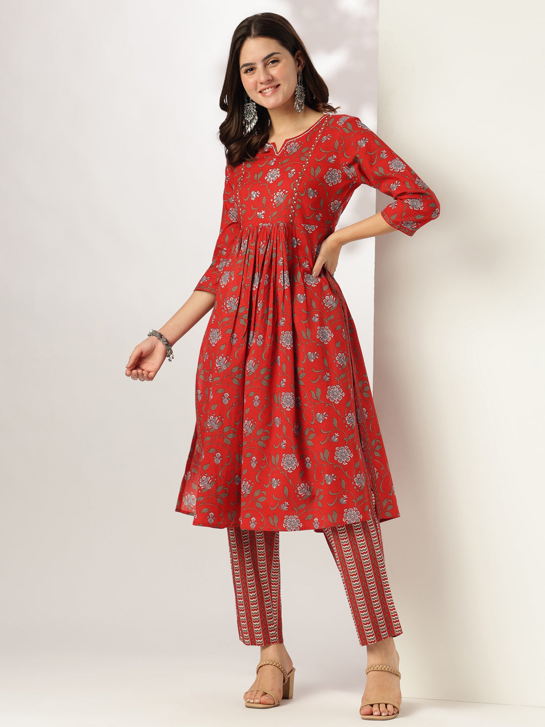 Janasya Dark Cotton Floral A-Line Kurta Set