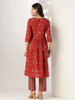 Thumbnail for Janasya Dark Cotton Floral A-Line Kurta Set