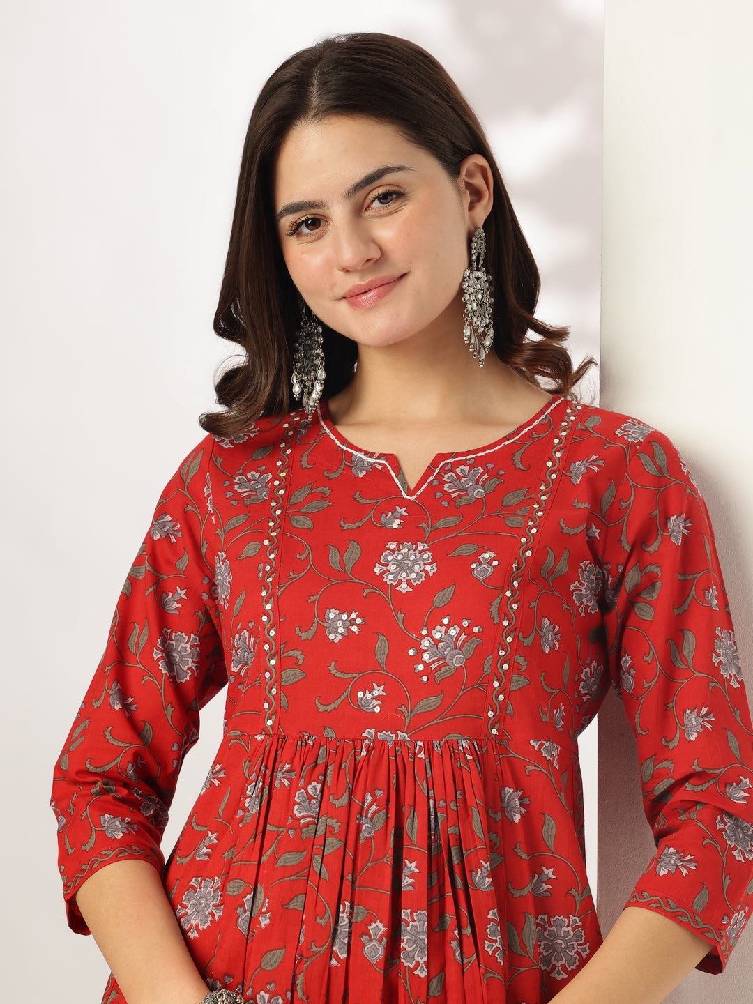 Janasya Dark Cotton Floral A-Line Kurta Set