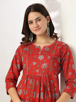 Thumbnail for Janasya Dark Cotton Floral A-Line Kurta Set