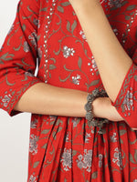 Thumbnail for Janasya Dark Cotton Floral A-Line Kurta Set