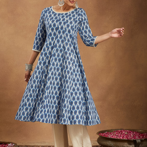 Janasya Dark Cotton Paisley Anarkali Kurta Set