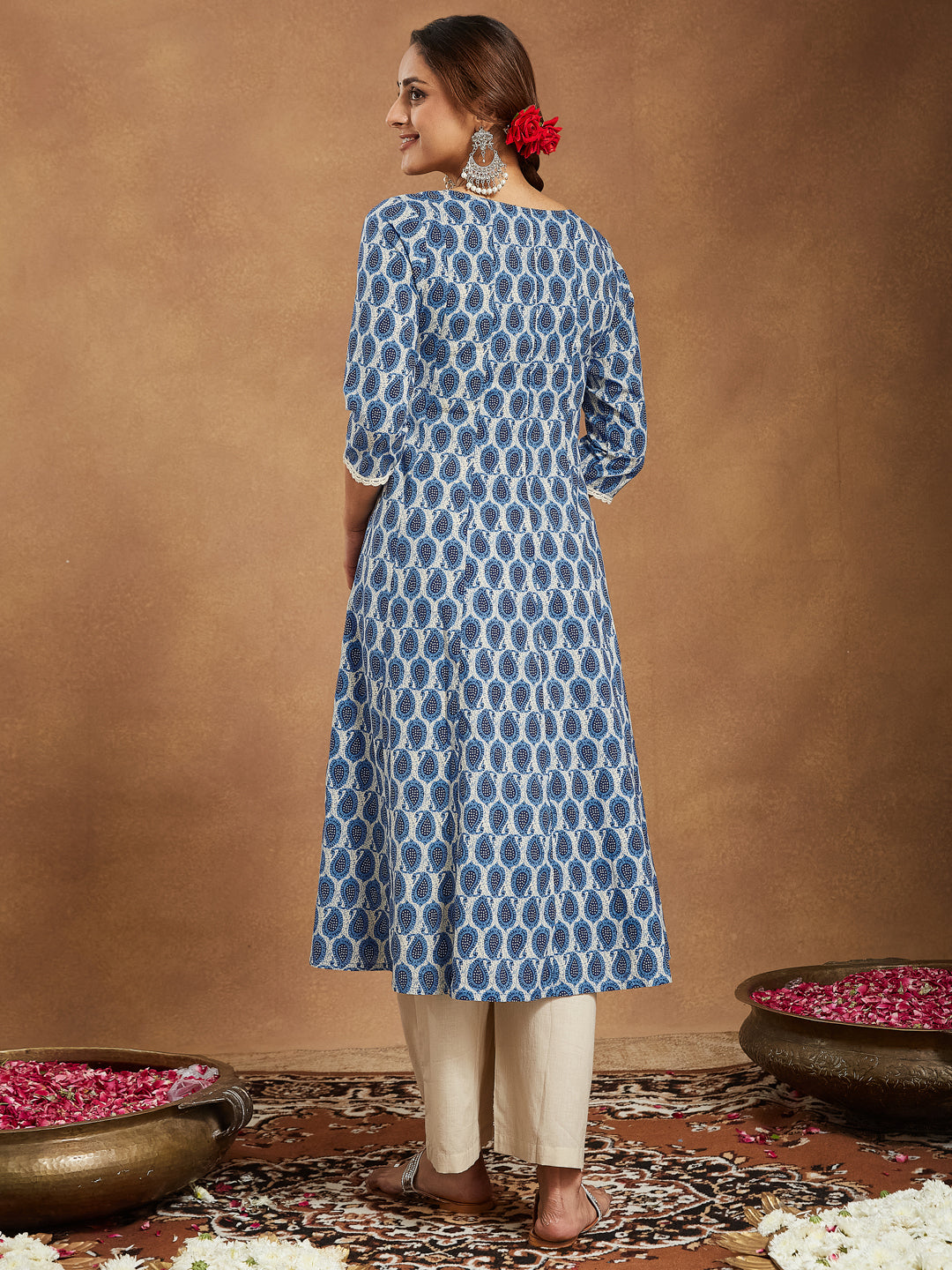Janasya Dark Cotton Paisley Anarkali Kurta Set