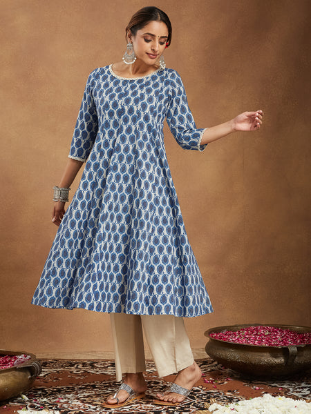 Janasya Dark Cotton Paisley Anarkali Kurta Set