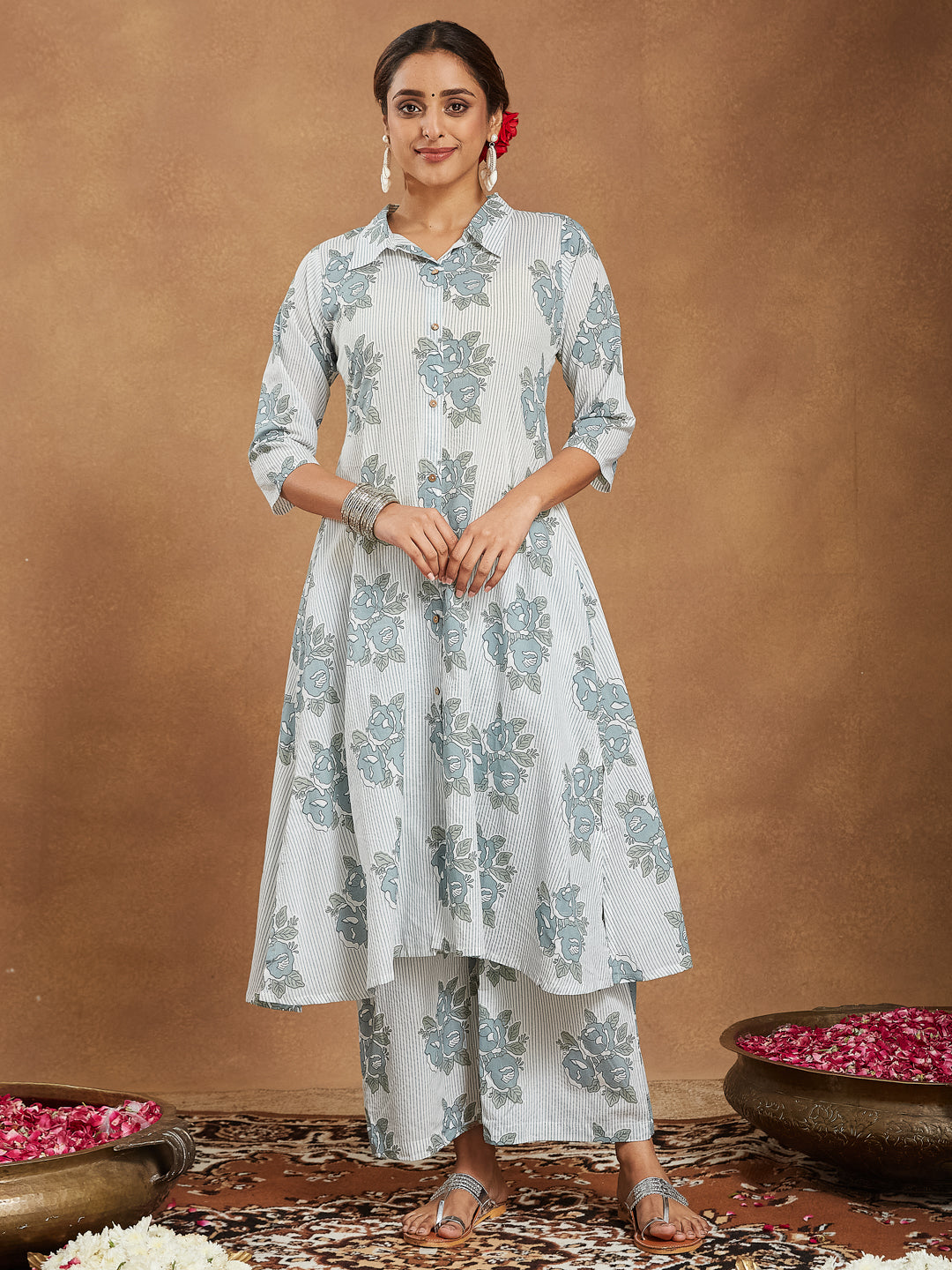Janasya Light Cotton Floral A-Line Kurta Set