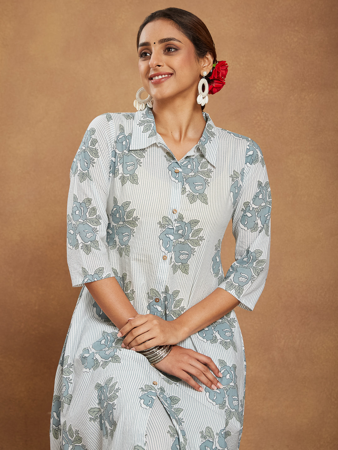 Janasya Light Cotton Floral A-Line Kurta Set