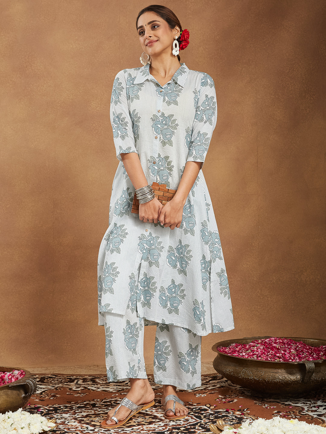 Janasya Light Cotton Floral A-Line Kurta Set