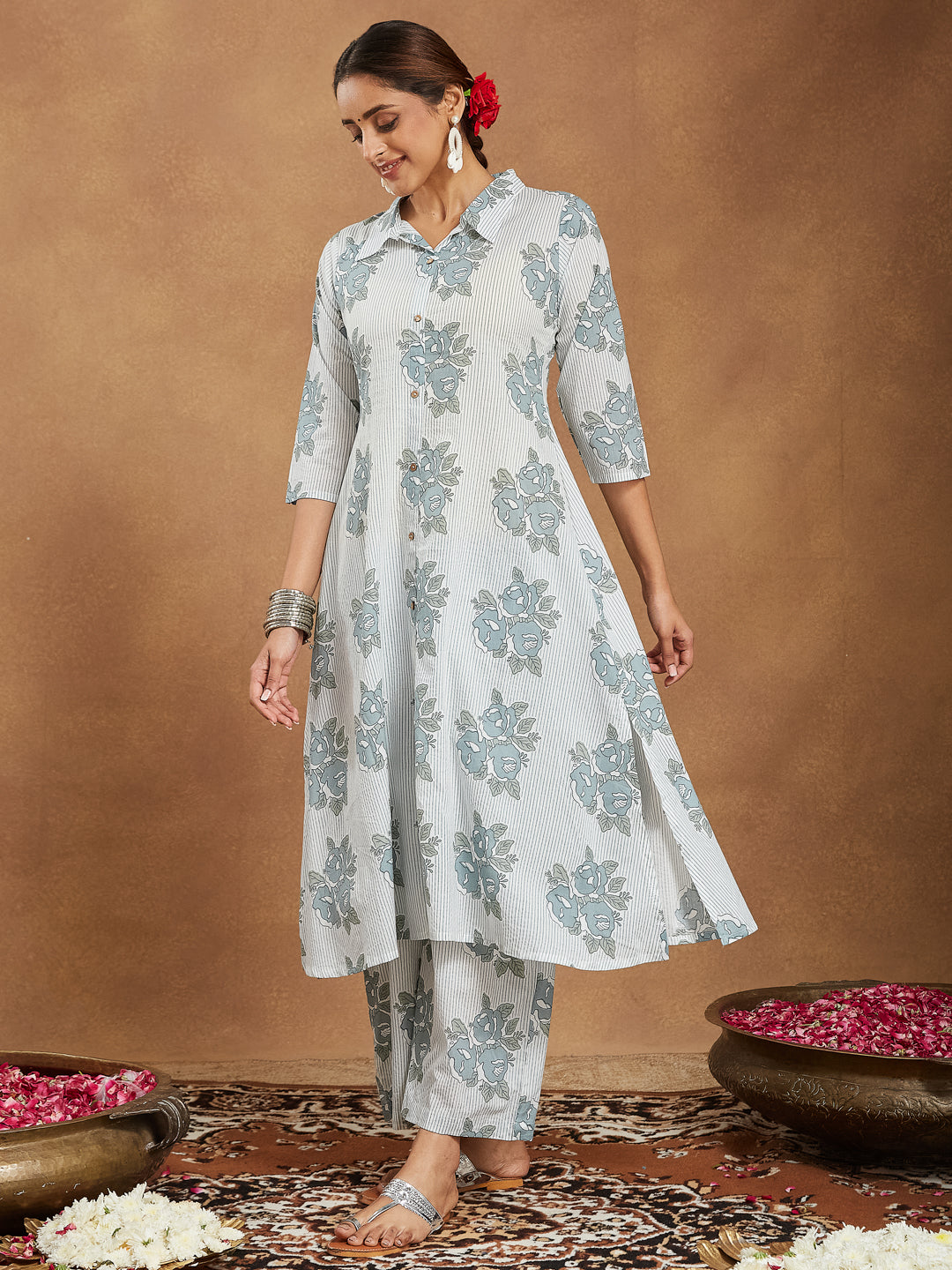 Janasya Light Cotton Floral A-Line Kurta Set