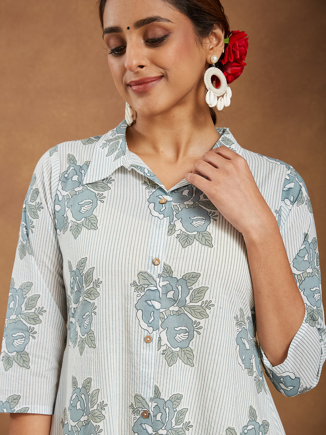 Janasya Light Cotton Floral A-Line Kurta Set
