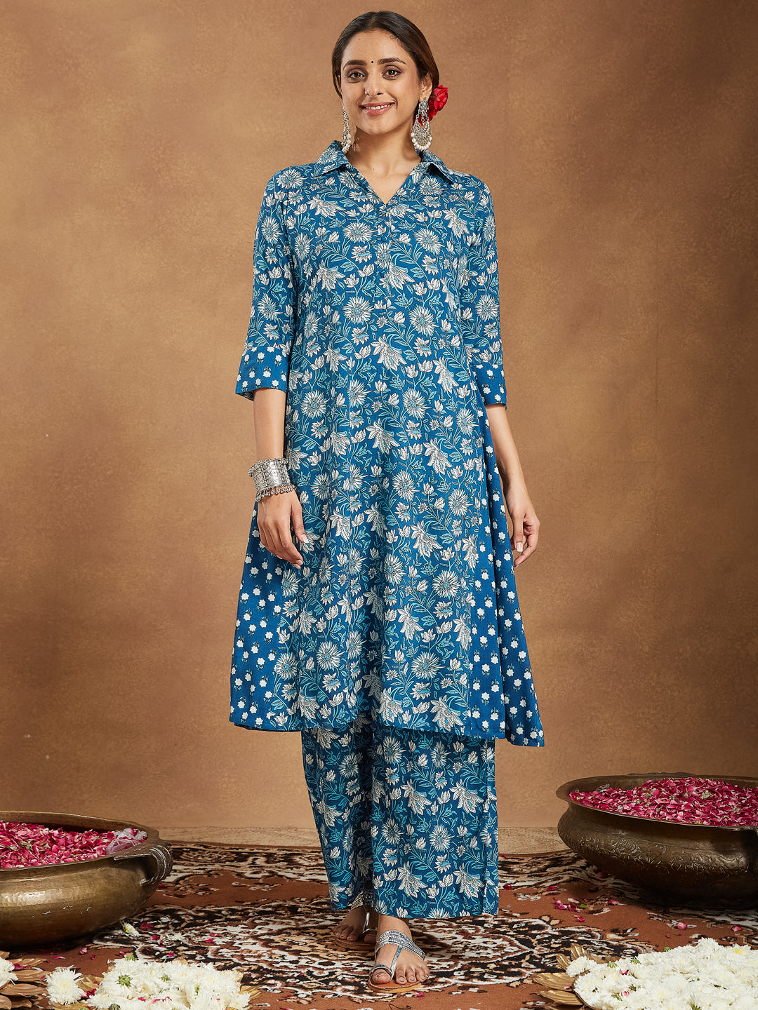 Janasya Dark Cotton Floral A-Line Kurta Set