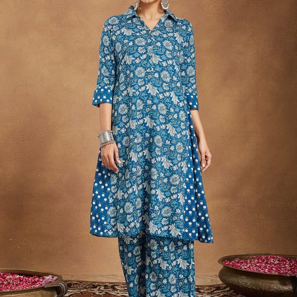 Janasya Dark Cotton Floral A-Line Kurta Set