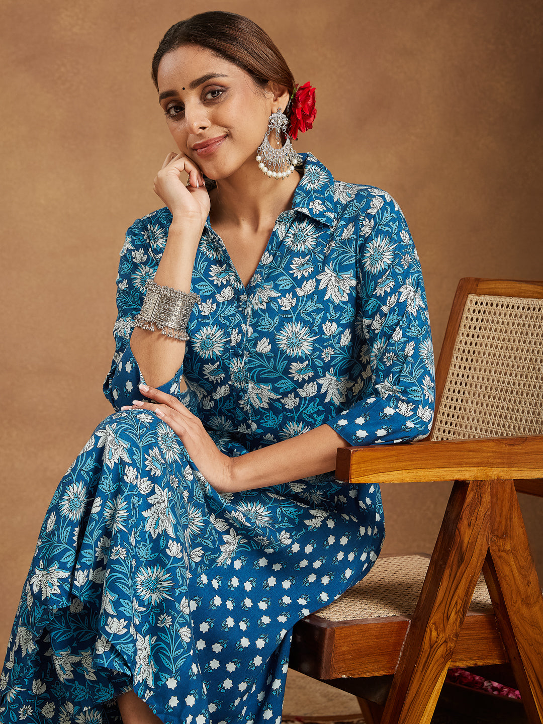 Janasya Dark Cotton Floral A-Line Kurta Set