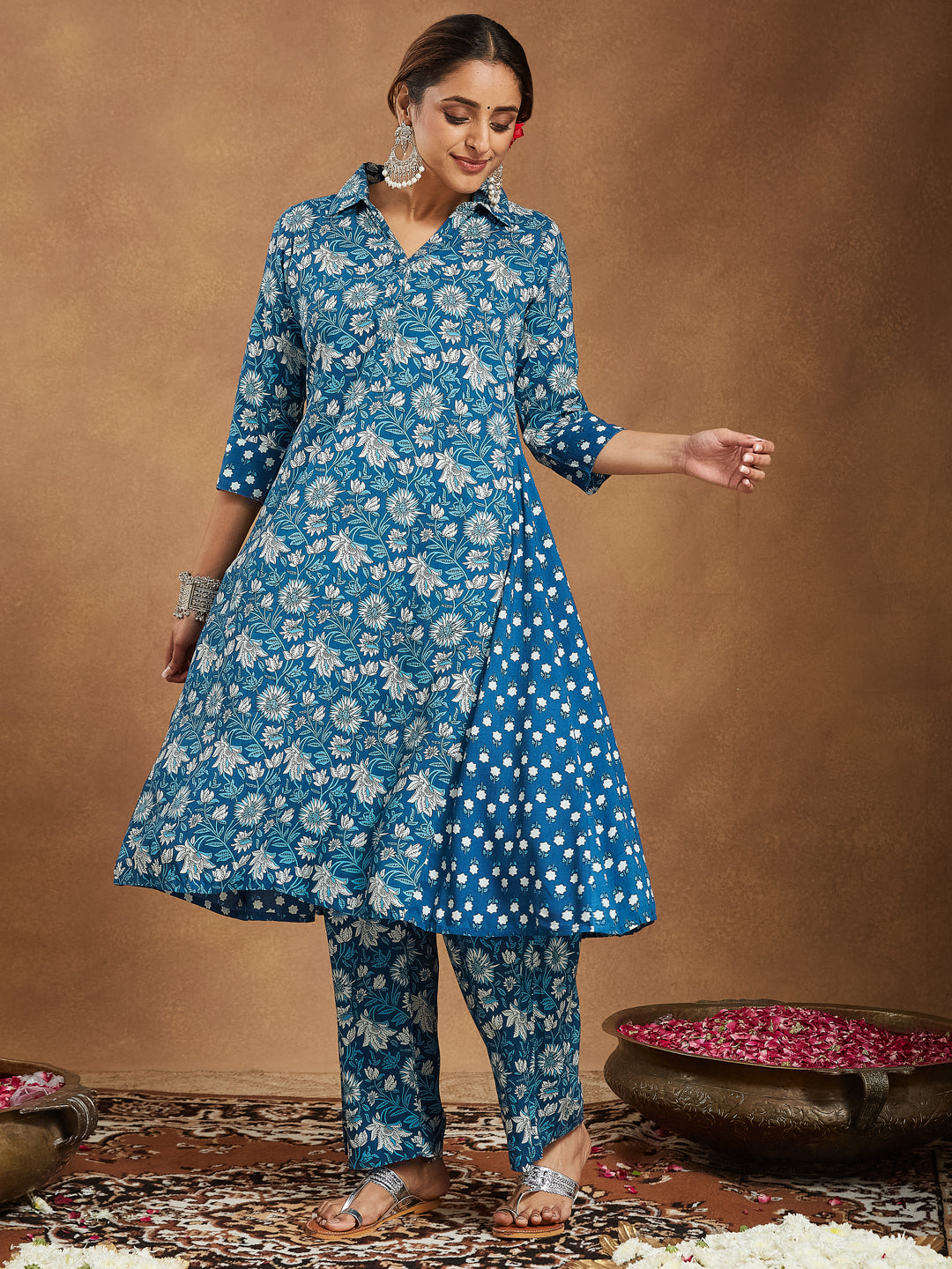 Janasya Dark Cotton Floral A-Line Kurta Set