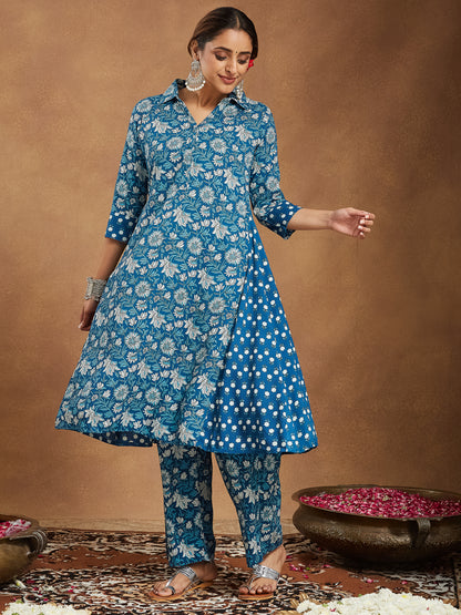 Janasya Dark Cotton Floral A-Line Kurta Set - Distacart