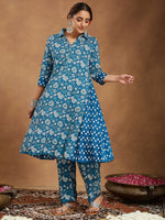 Thumbnail for Janasya Dark Cotton Floral A-Line Kurta Set