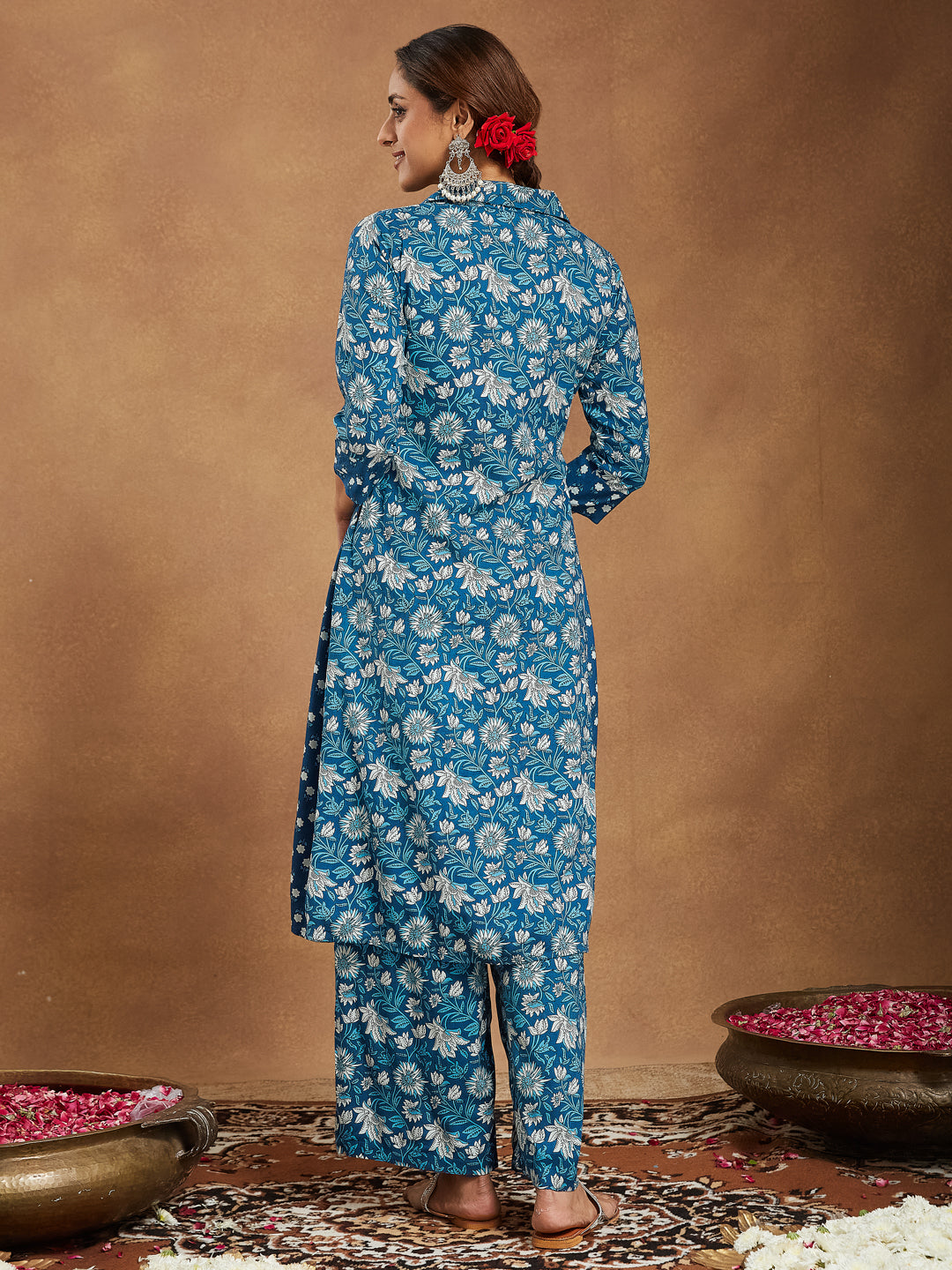 Janasya Dark Cotton Floral A-Line Kurta Set - Distacart