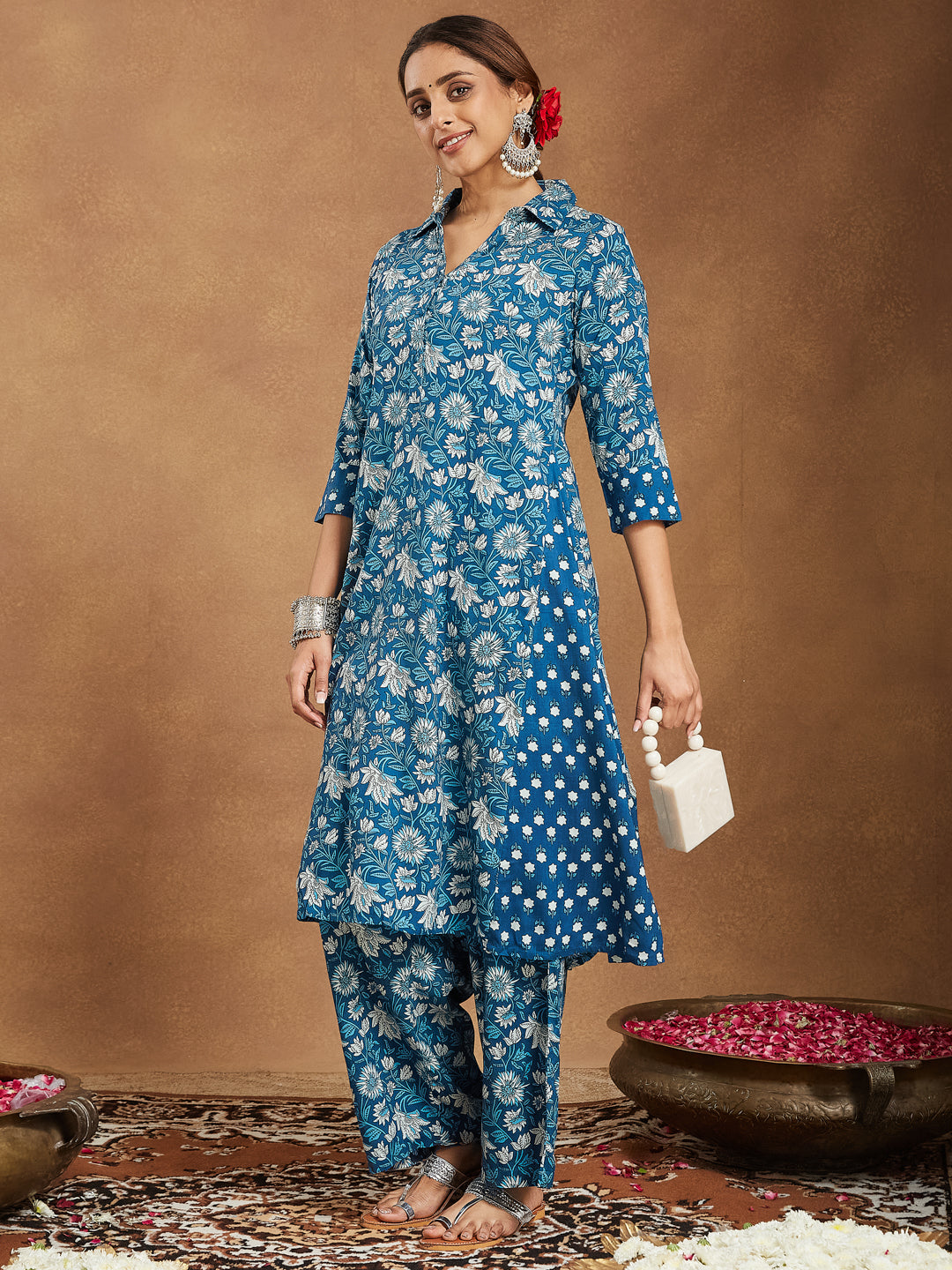 Janasya Dark Cotton Floral A-Line Kurta Set
