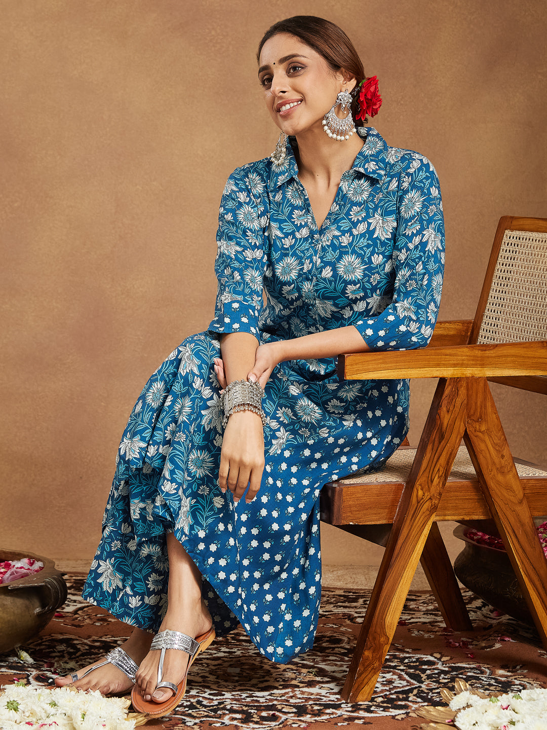 Janasya Dark Cotton Floral A-Line Kurta Set