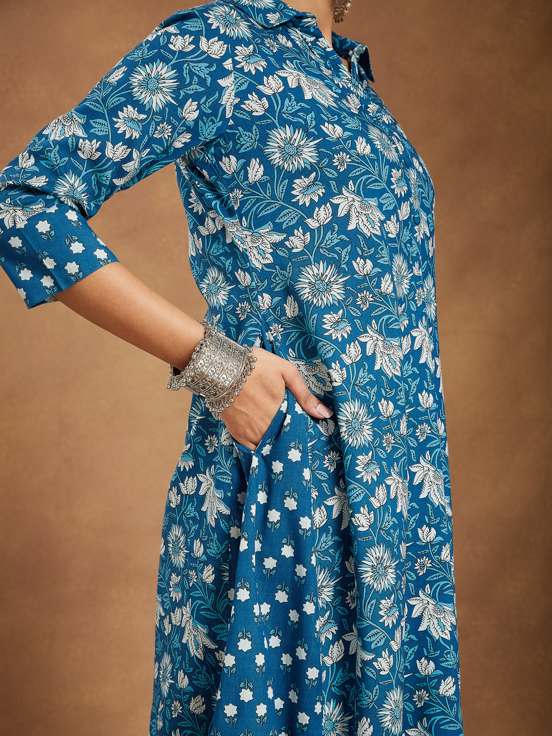 Janasya Dark Cotton Floral A-Line Kurta Set