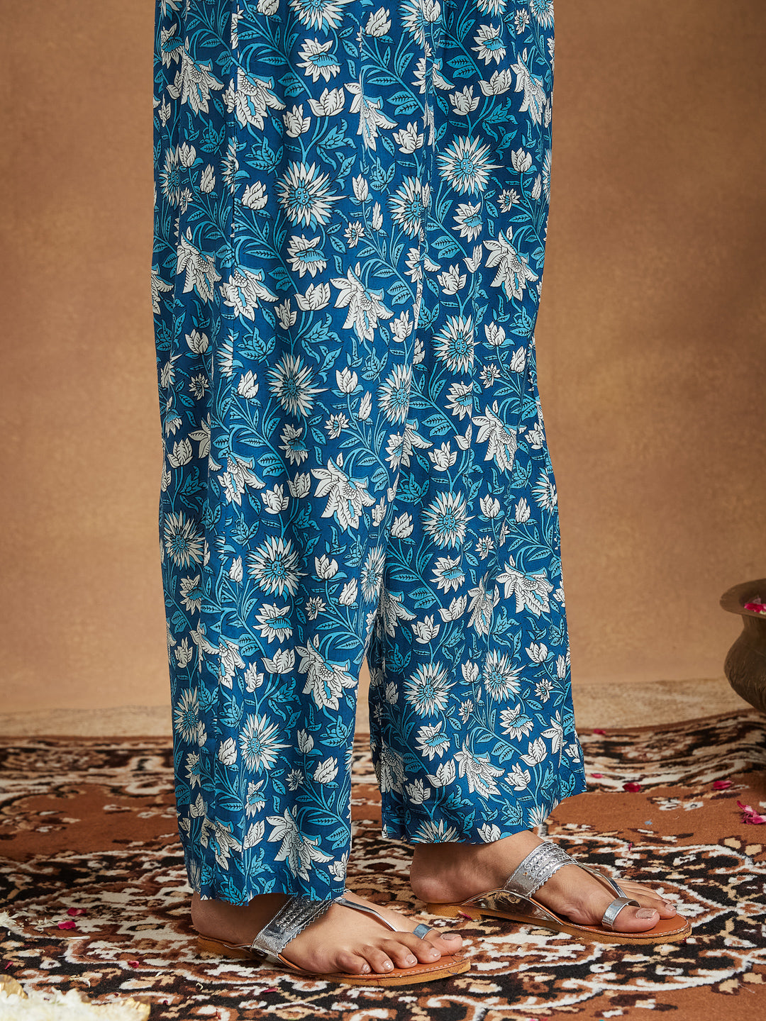 Janasya Dark Cotton Floral A-Line Kurta Set