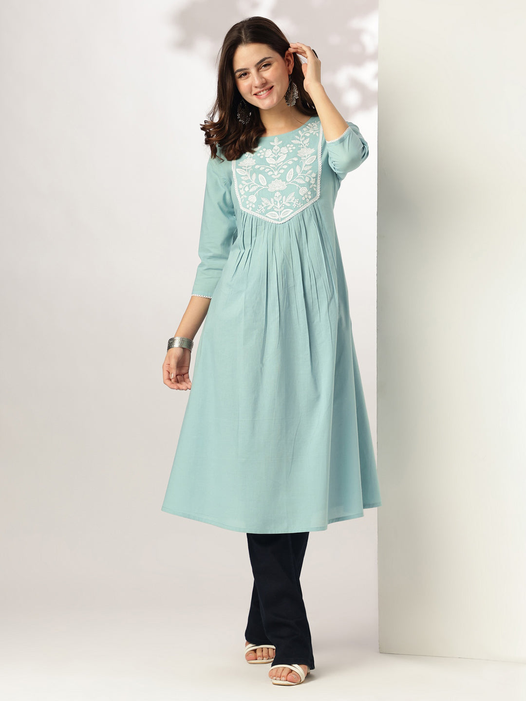 Janasya Light Cotton Yoke Embroidery A-Line Kurta