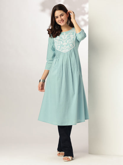Janasya Light Cotton Yoke Embroidery A-Line Kurta - Distacart