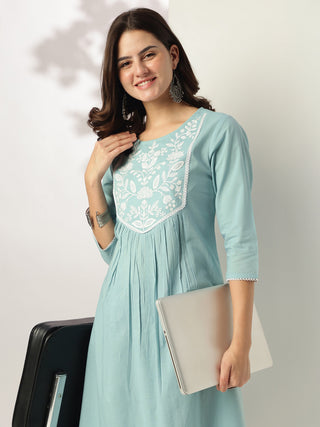 Janasya Light Cotton Yoke Embroidery A-Line Kurta